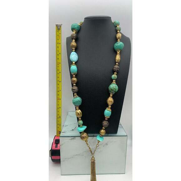 Daisy Fuentes Chunky Necklace Gold Tone Tassel Acrylic Turquoise Colored Beads - Picture 3 of 5